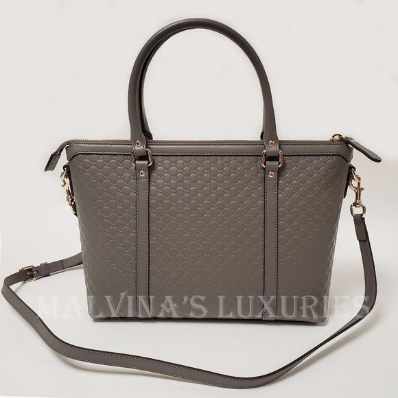 GUCCI BAG 449656 GRAY MICROGUCCISSIMA GG LOGO LEATHER TOTE w STRAP MEDIUM - Picture 8 of 16